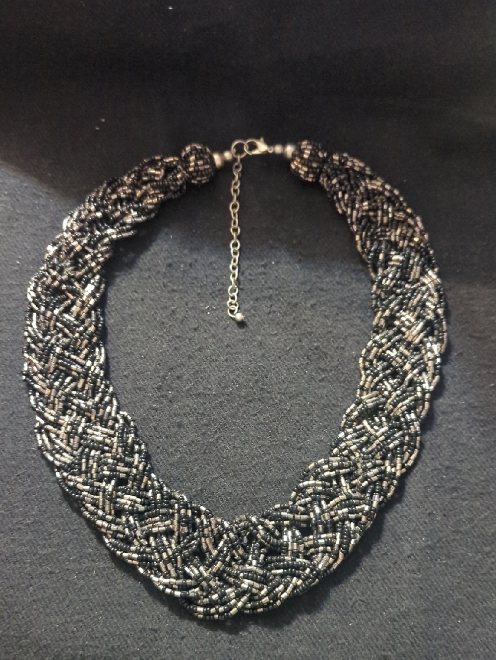 Braided Black and Silver Beaded Statement Necklace